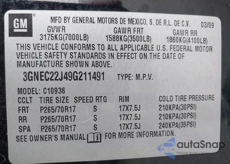 2009 Chevrolet Avalanche 1500 Lt1 z USA, uszkodzony, nr VIN 3GNEC22J49G211491